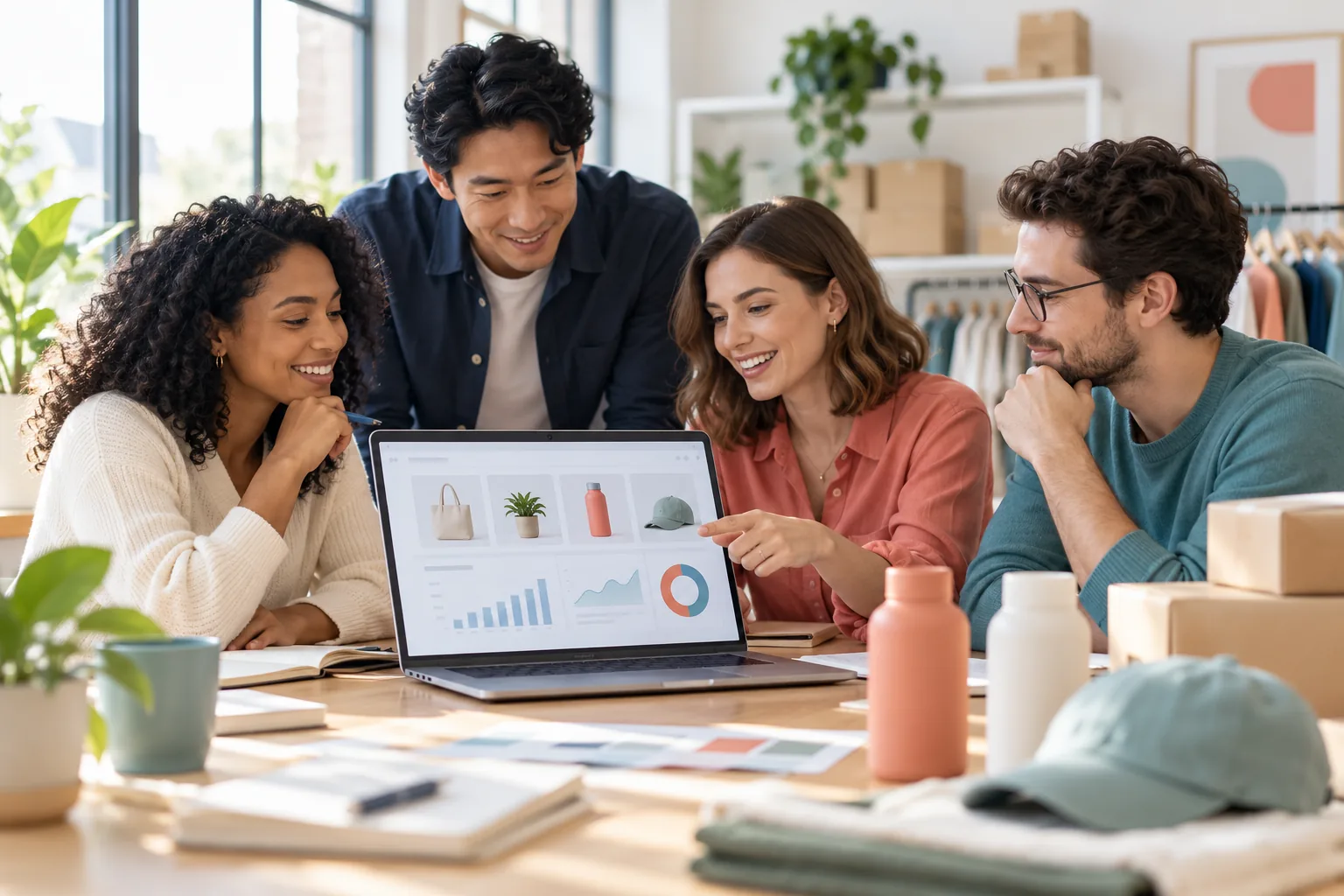 A team reviewing an online storefront and sales analytics together