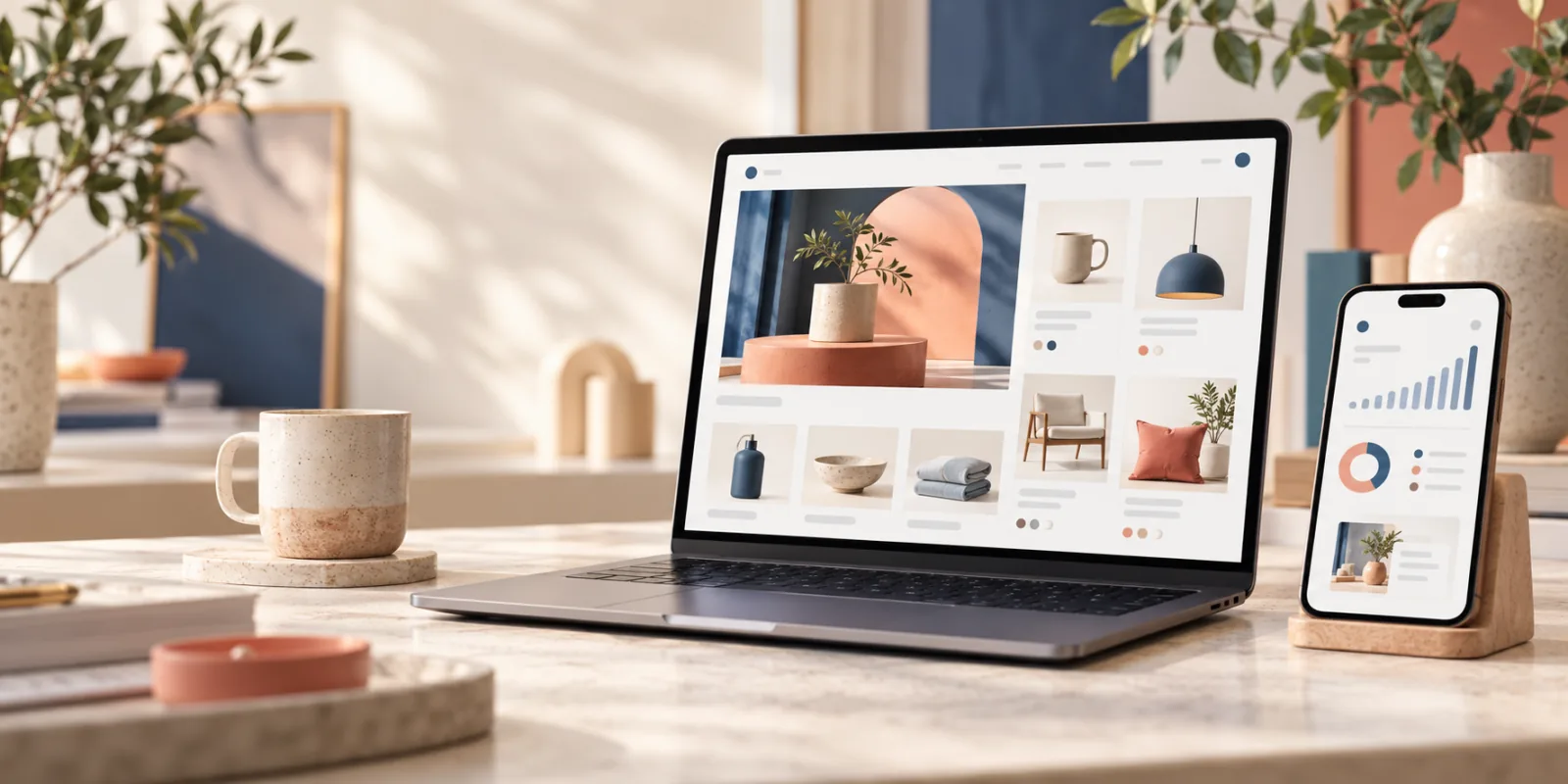 Laptop and phone displaying an online storefront and sales analytics